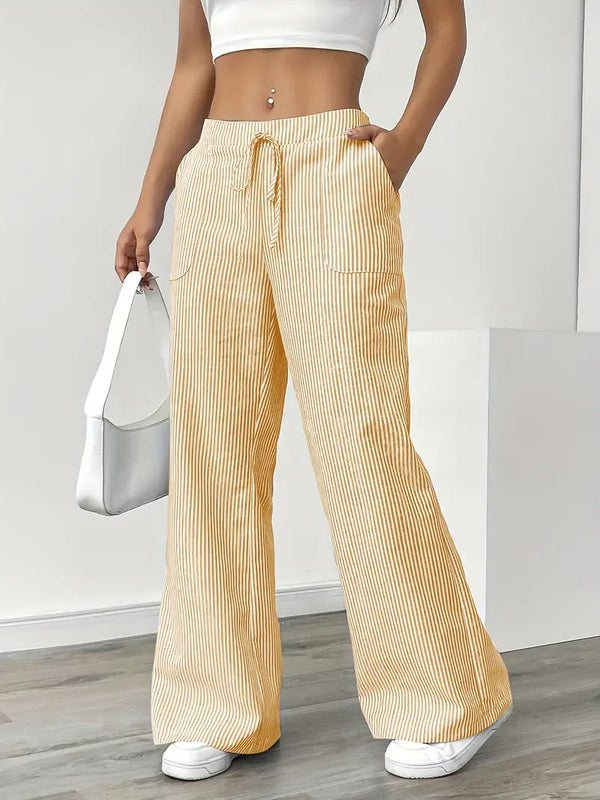 Damskie spodnie w paski z szerokimi nogawkami i sznurkiem-Pants for Women-Olave