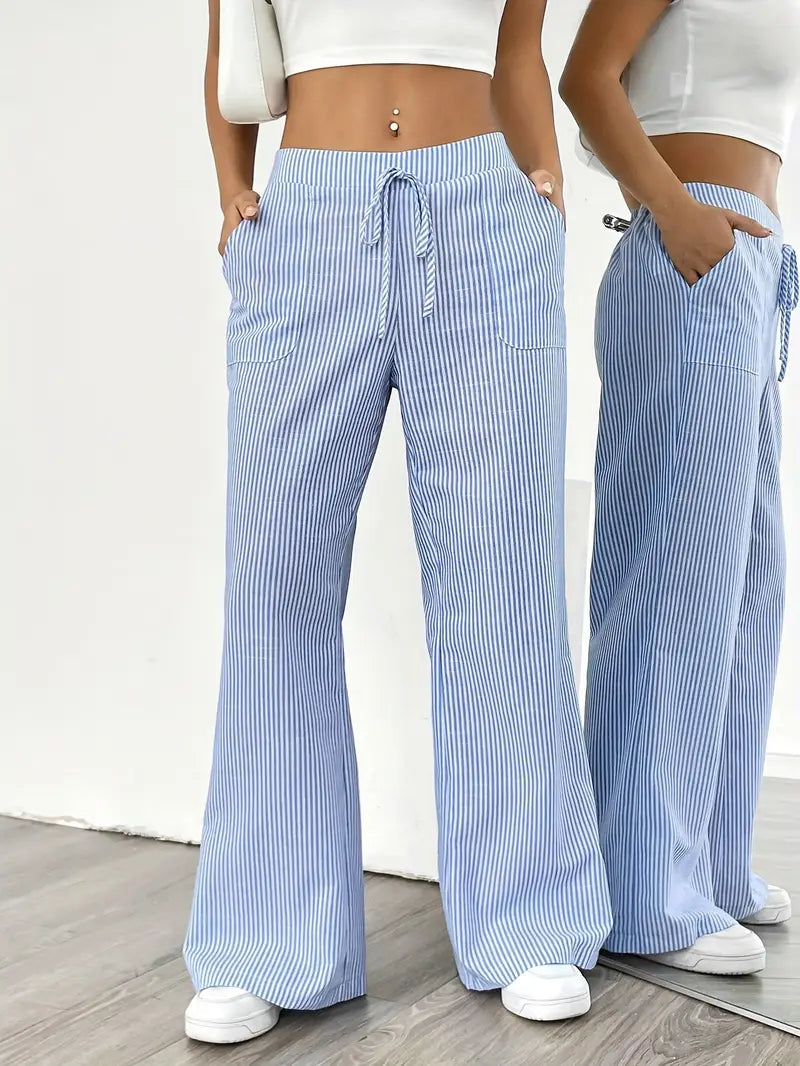 Damskie spodnie w paski z szerokimi nogawkami i sznurkiem-Pants for Women-Olave