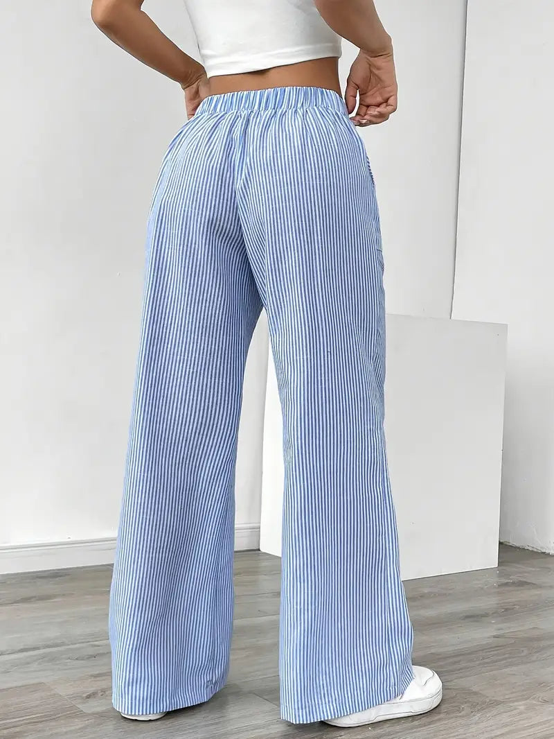 Damskie spodnie w paski z szerokimi nogawkami i sznurkiem-Pants for Women-Olave