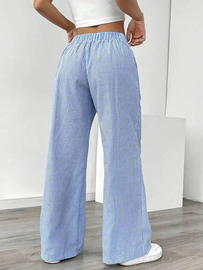 Damskie spodnie w paski z szerokimi nogawkami i sznurkiem-Pants for Women-Olave