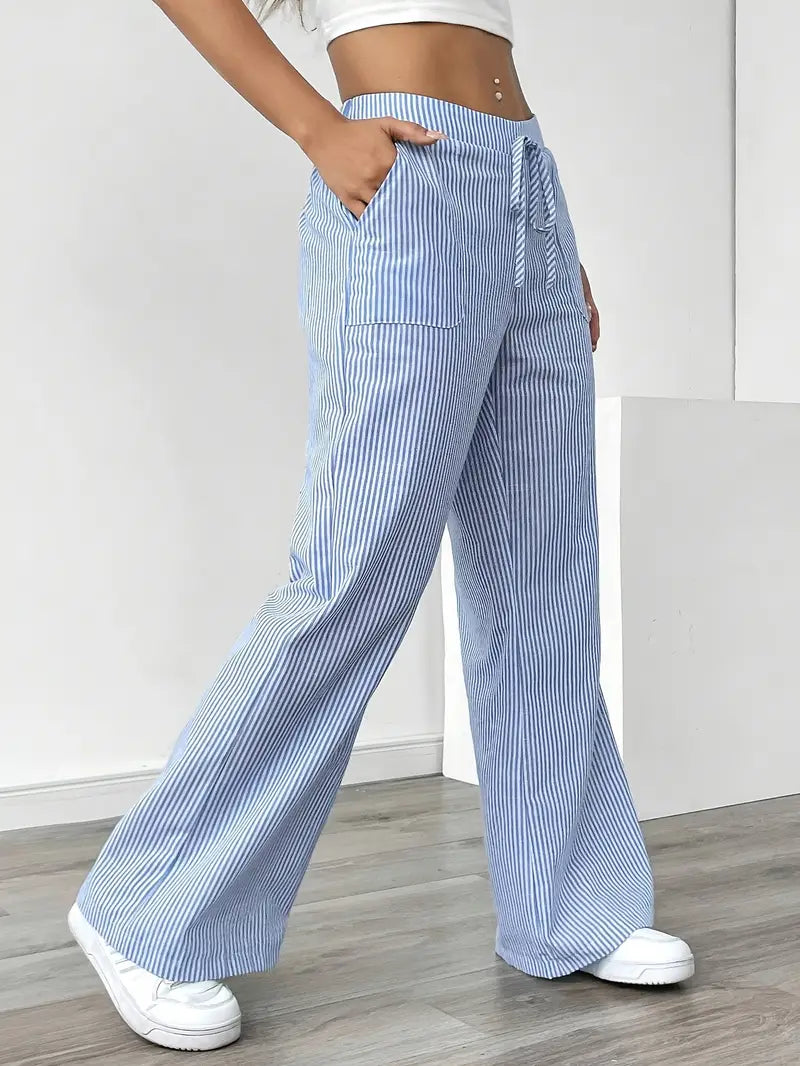 Damskie spodnie w paski z szerokimi nogawkami i sznurkiem-Pants for Women-Olave