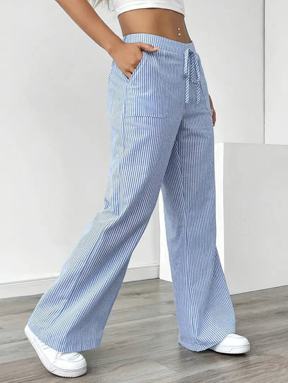 Damskie spodnie w paski z szerokimi nogawkami i sznurkiem-Pants for Women-Olave