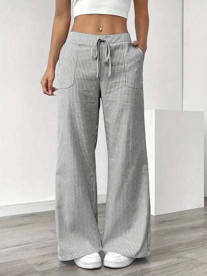Damskie spodnie w paski z szerokimi nogawkami i sznurkiem-Pants for Women-Olave