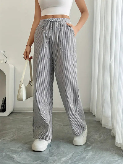 Damskie spodnie w paski z szerokimi nogawkami i sznurkiem-Pants for Women-Olave