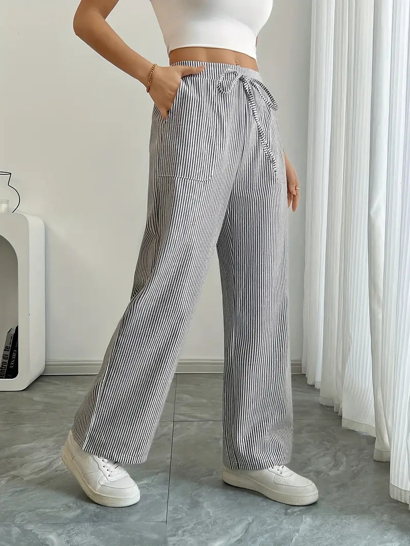Damskie spodnie w paski z szerokimi nogawkami i sznurkiem-Pants for Women-Olave