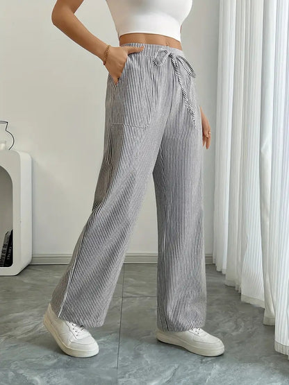 Damskie spodnie w paski z szerokimi nogawkami i sznurkiem-Pants for Women-Olave