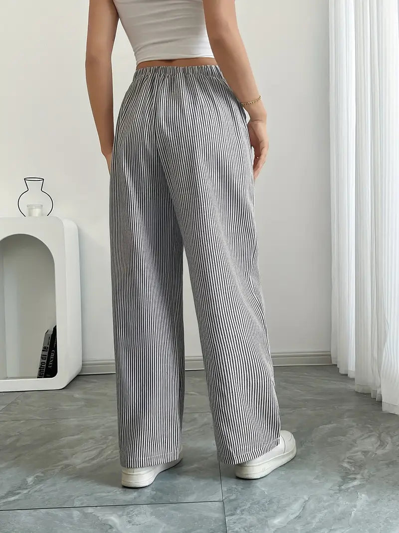 Damskie spodnie w paski z szerokimi nogawkami i sznurkiem-Pants for Women-Olave