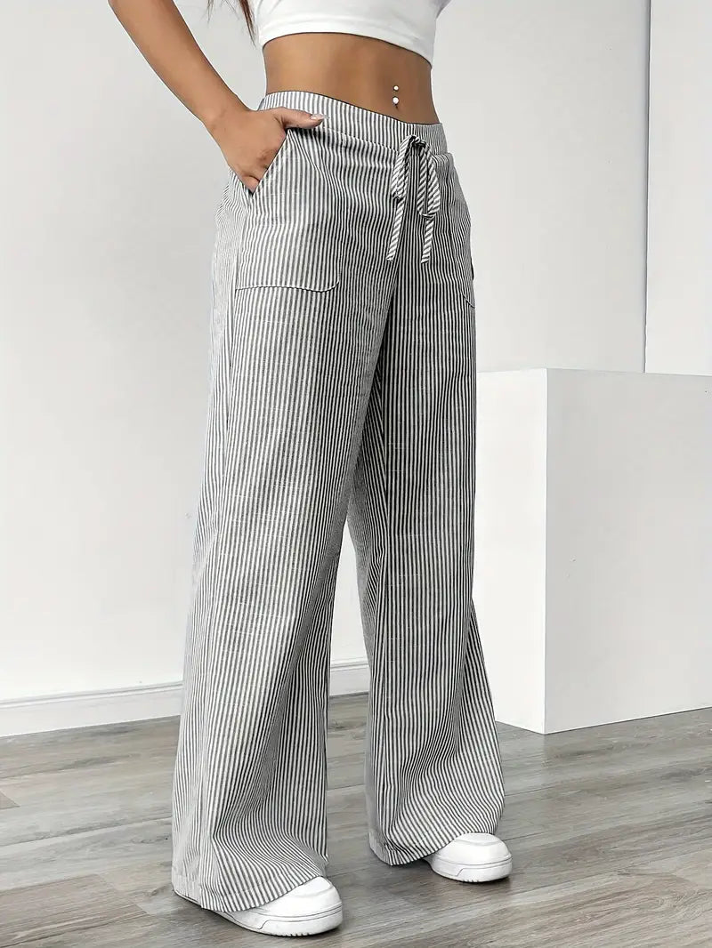 Damskie spodnie w paski z szerokimi nogawkami i sznurkiem-Pants for Women-Olave