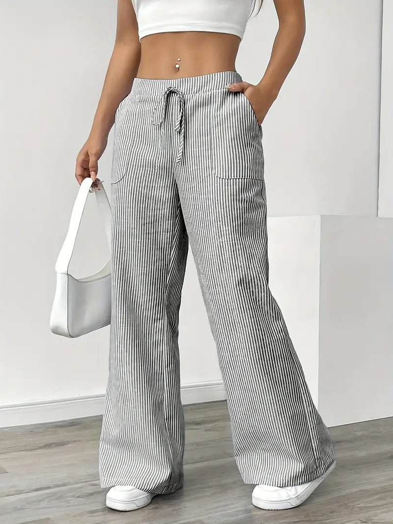 Damskie spodnie w paski z szerokimi nogawkami i sznurkiem-Pants for Women-Olave