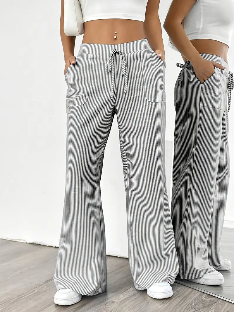 Damskie spodnie w paski z szerokimi nogawkami i sznurkiem-Pants for Women-Olave