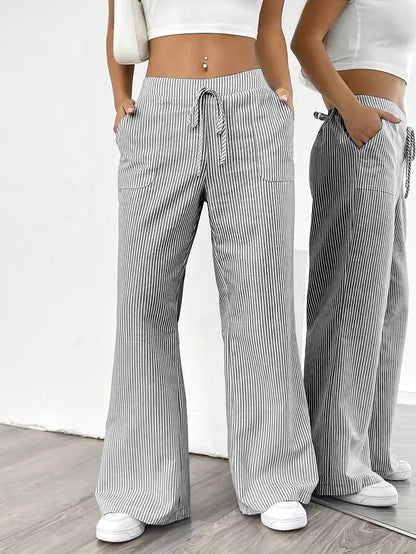 Damskie spodnie w paski z szerokimi nogawkami i sznurkiem-Pants for Women-Olave