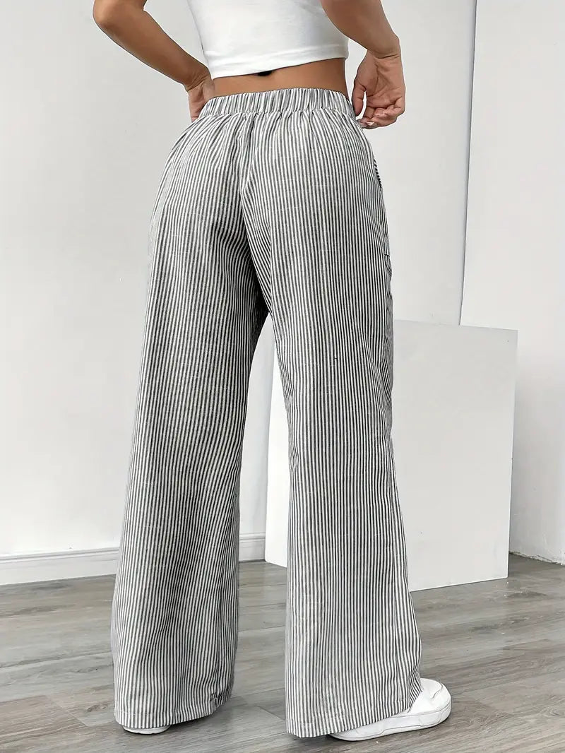 Damskie spodnie w paski z szerokimi nogawkami i sznurkiem-Pants for Women-Olave