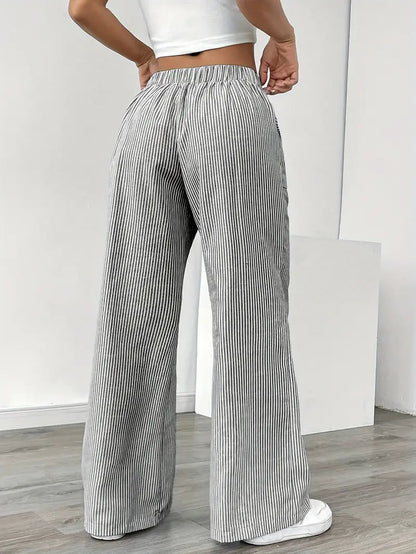 Damskie spodnie w paski z szerokimi nogawkami i sznurkiem-Pants for Women-Olave