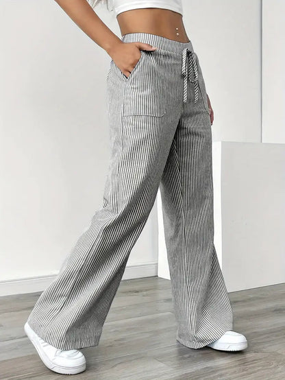 Damskie spodnie w paski z szerokimi nogawkami i sznurkiem-Pants for Women-Olave