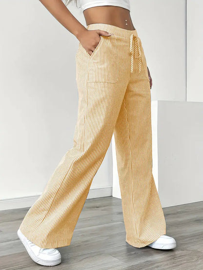 Damskie spodnie w paski z szerokimi nogawkami i sznurkiem-Pants for Women-Olave