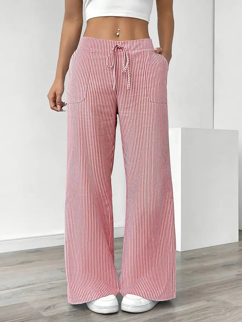 Damskie spodnie w paski z szerokimi nogawkami i sznurkiem-Pants for Women-Olave
