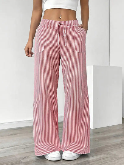 Damskie spodnie w paski z szerokimi nogawkami i sznurkiem-Pants for Women-Olave