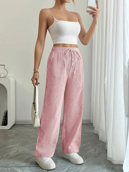 Damskie spodnie w paski z szerokimi nogawkami i sznurkiem-Pants for Women-Olave
