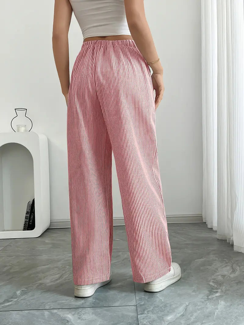 Damskie spodnie w paski z szerokimi nogawkami i sznurkiem-Pants for Women-Olave
