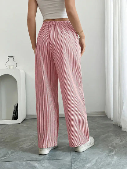 Damskie spodnie w paski z szerokimi nogawkami i sznurkiem-Pants for Women-Olave