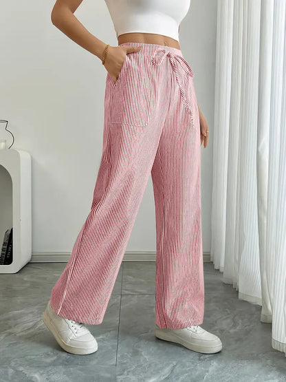 Damskie spodnie w paski z szerokimi nogawkami i sznurkiem-Pants for Women-Olave