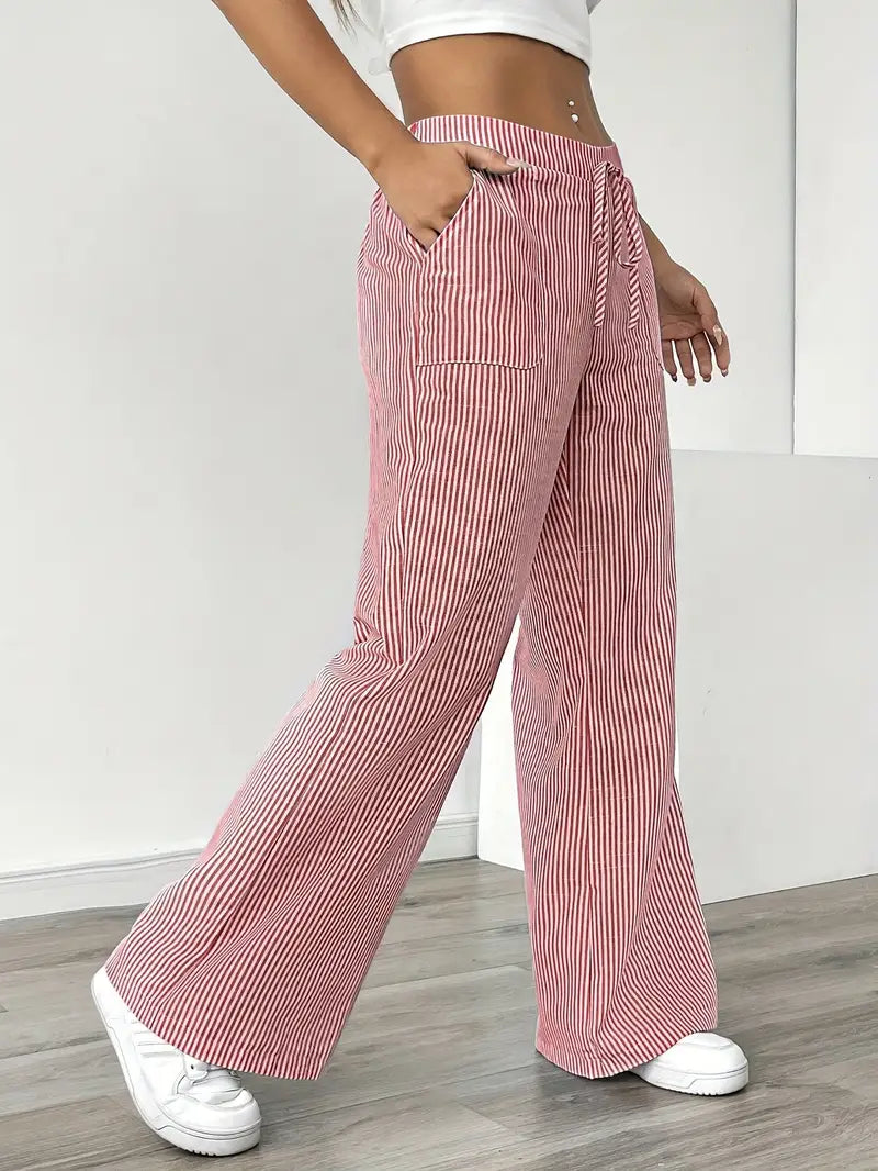 Damskie spodnie w paski z szerokimi nogawkami i sznurkiem-Pants for Women-Olave