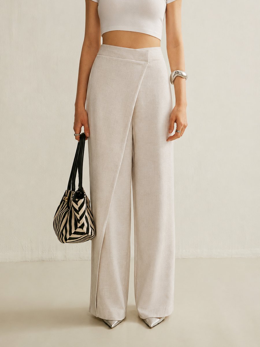 Damskie spodnie z szerokimi nogawkami i asymetrycznym przodem-Pants for Women-Olave