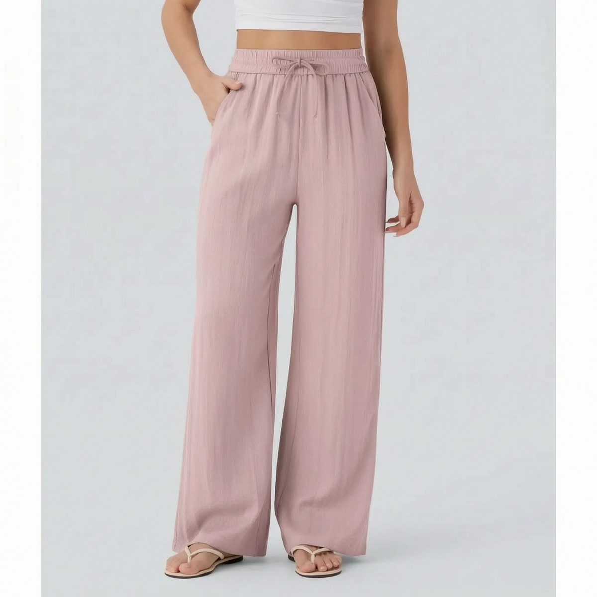 Damskie spodnie z szerokimi nogawkami i sznurkiem-Pants for woman-Olave