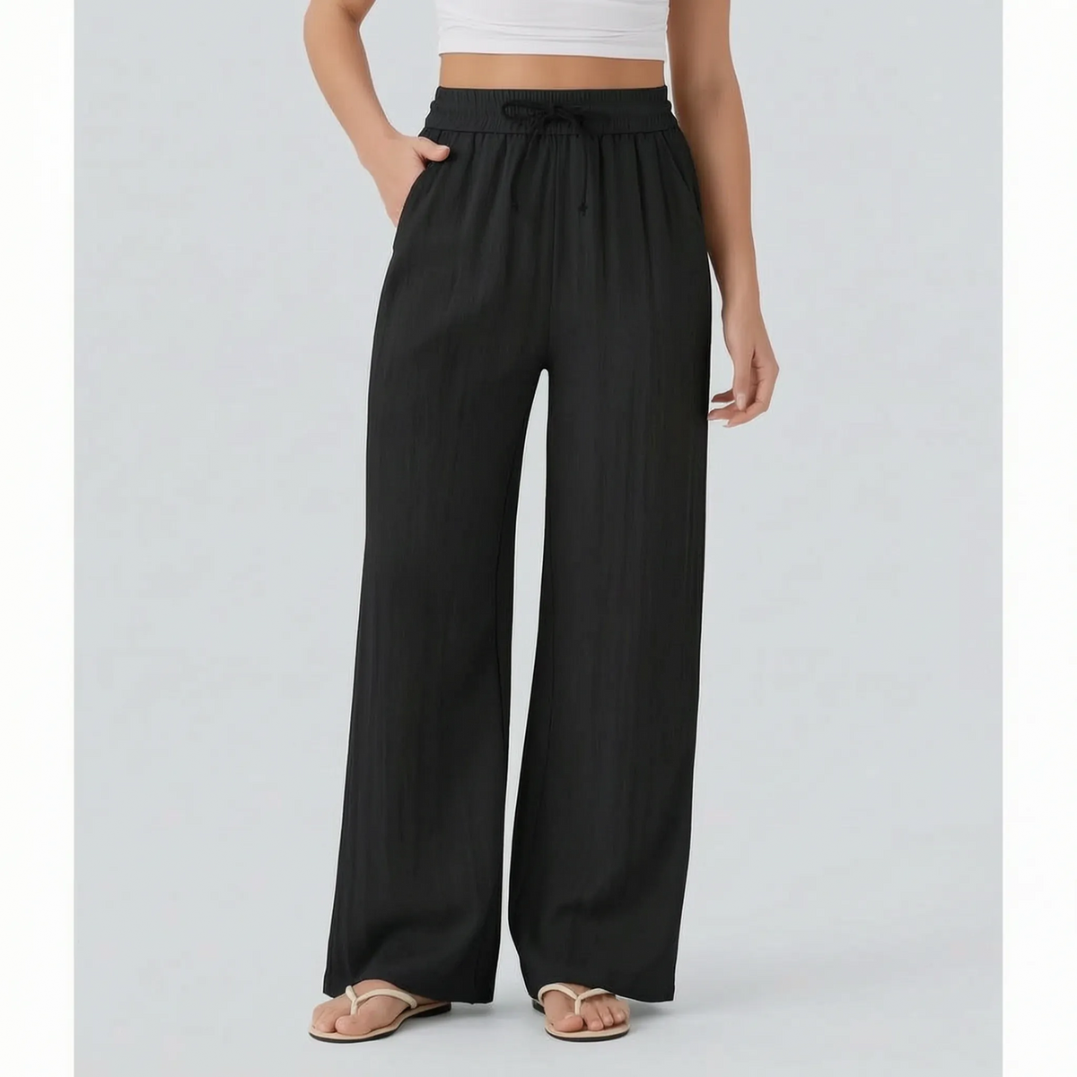Damskie spodnie z szerokimi nogawkami i sznurkiem-Pants for woman-Olave