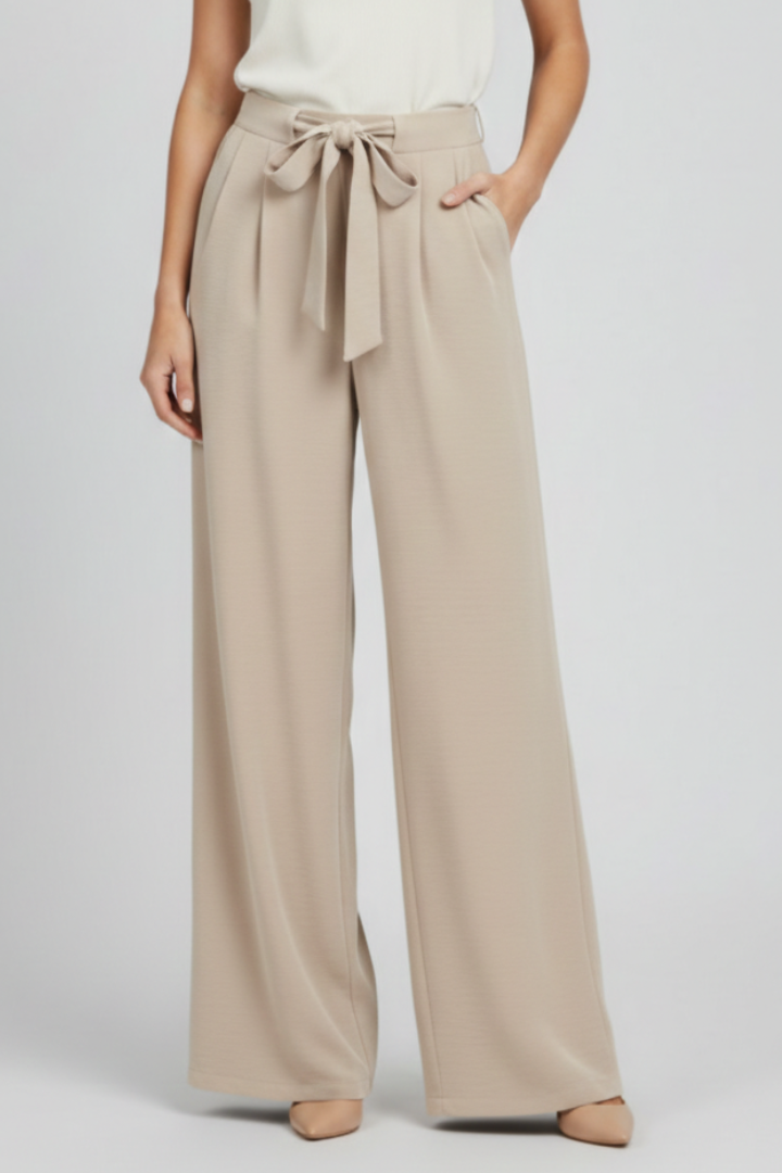 Damskie spodnie z szerokimi nogawkami i wiązanym pasem-Pants for Women-Olave