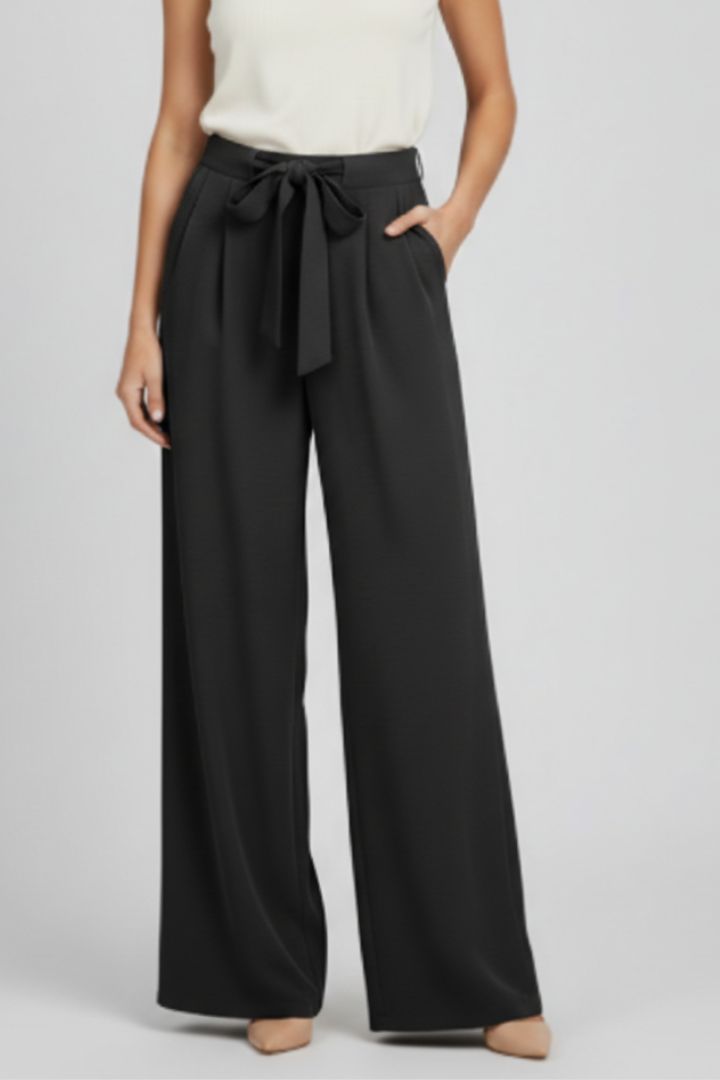 Damskie spodnie z szerokimi nogawkami i wiązanym pasem-Pants for Women-Olave