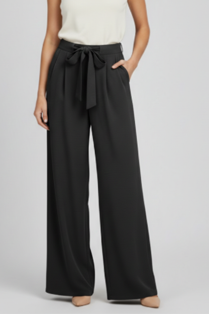 Damskie spodnie z szerokimi nogawkami i wiązanym pasem-Pants for Women-Olave