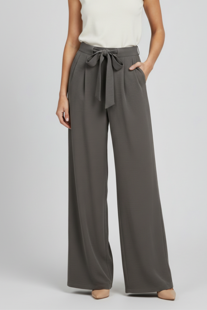 Damskie spodnie z szerokimi nogawkami i wiązanym pasem-Pants for Women-Olave