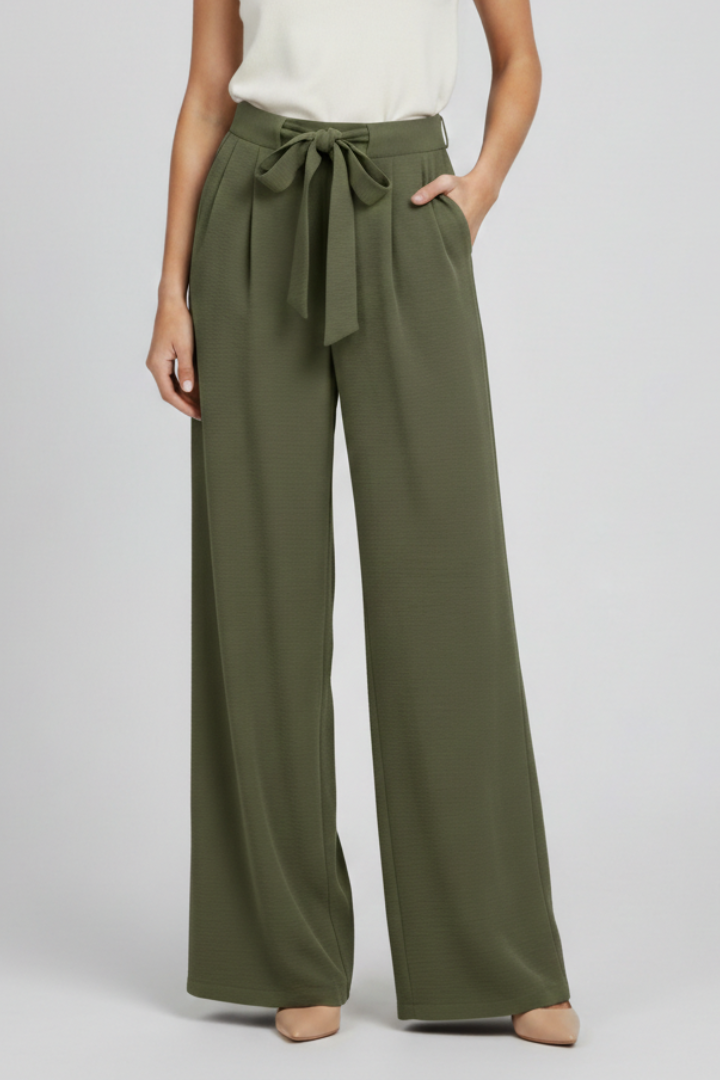 Damskie spodnie z szerokimi nogawkami i wiązanym pasem-Pants for Women-Olave