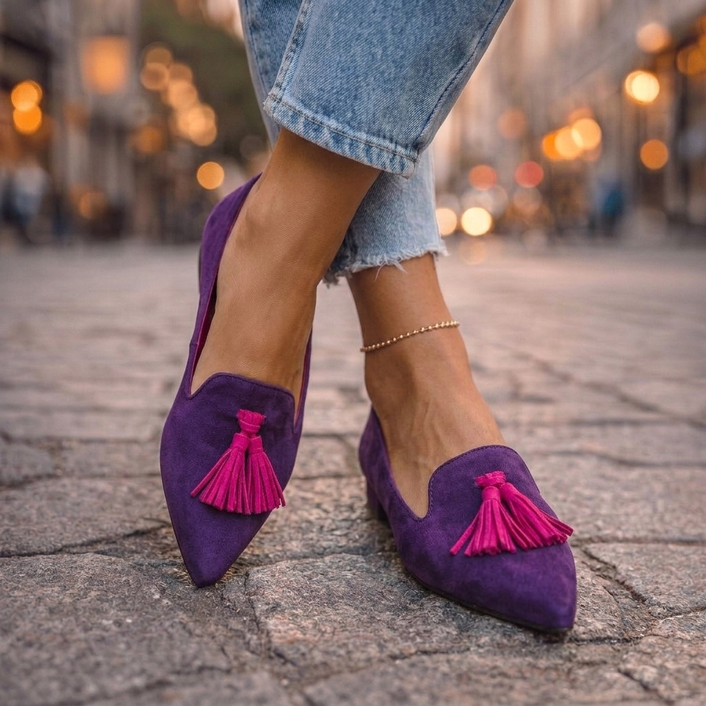 Damskie zamszowe mokasyny ze szpiczastym noskiem i chwostami-Footwear for women-Olave