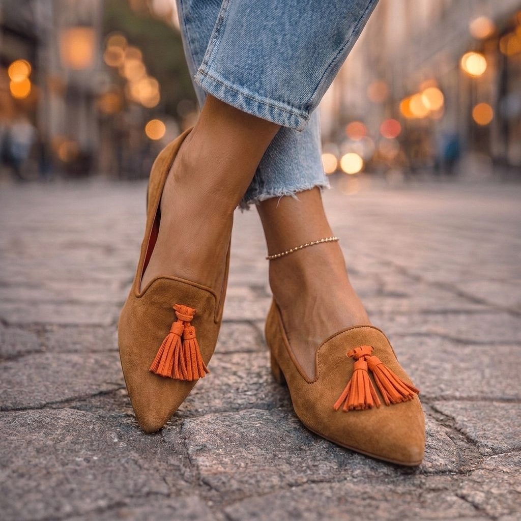 Damskie zamszowe mokasyny ze szpiczastym noskiem i chwostami-Footwear for women-Olave