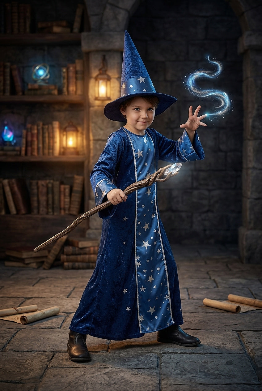 Kostium czarodzieja unisex z nadrukiem gwiazd i kapeluszem-Halloween-Olave