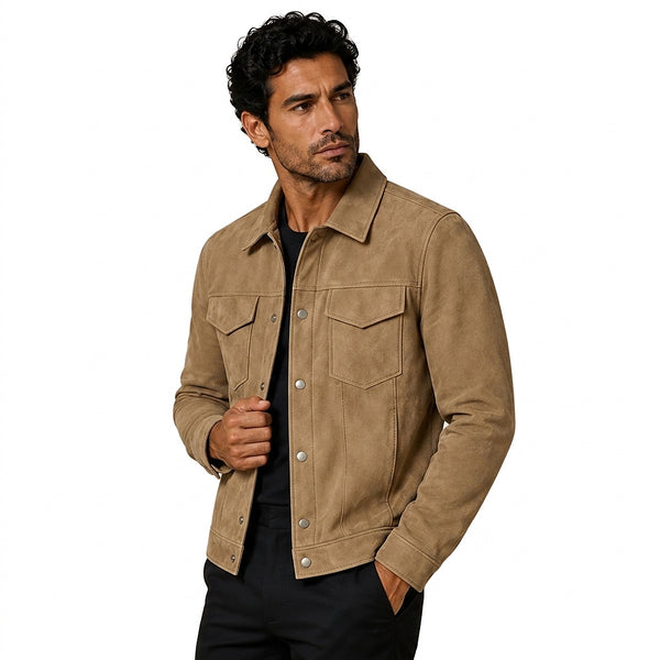 Męska kurtka typu trucker z zamszu z zapięciem na zatrzaski-Jackets for men-Olave