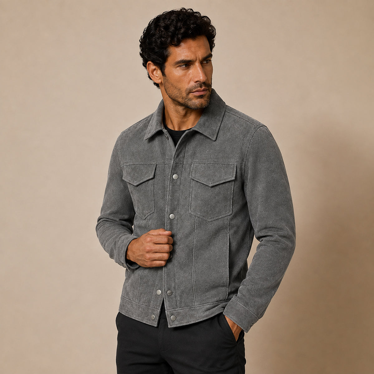 Męska kurtka typu trucker z zamszu z zapięciem na zatrzaski-Jackets for men-Olave