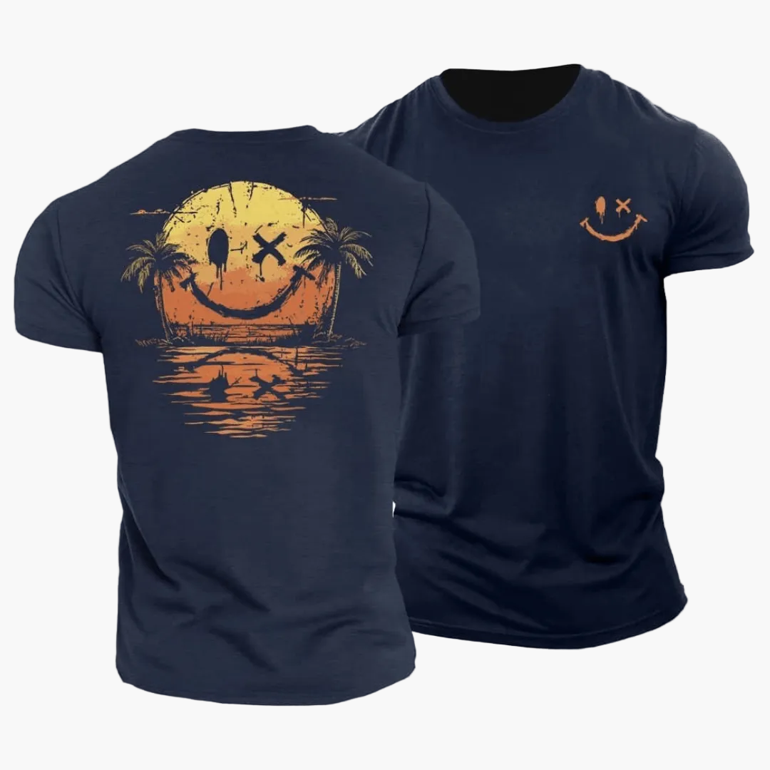 Męski T-shirt z motywem uśmiechniętej buźki i palmami-T-Shirts & Polos for men-Olave