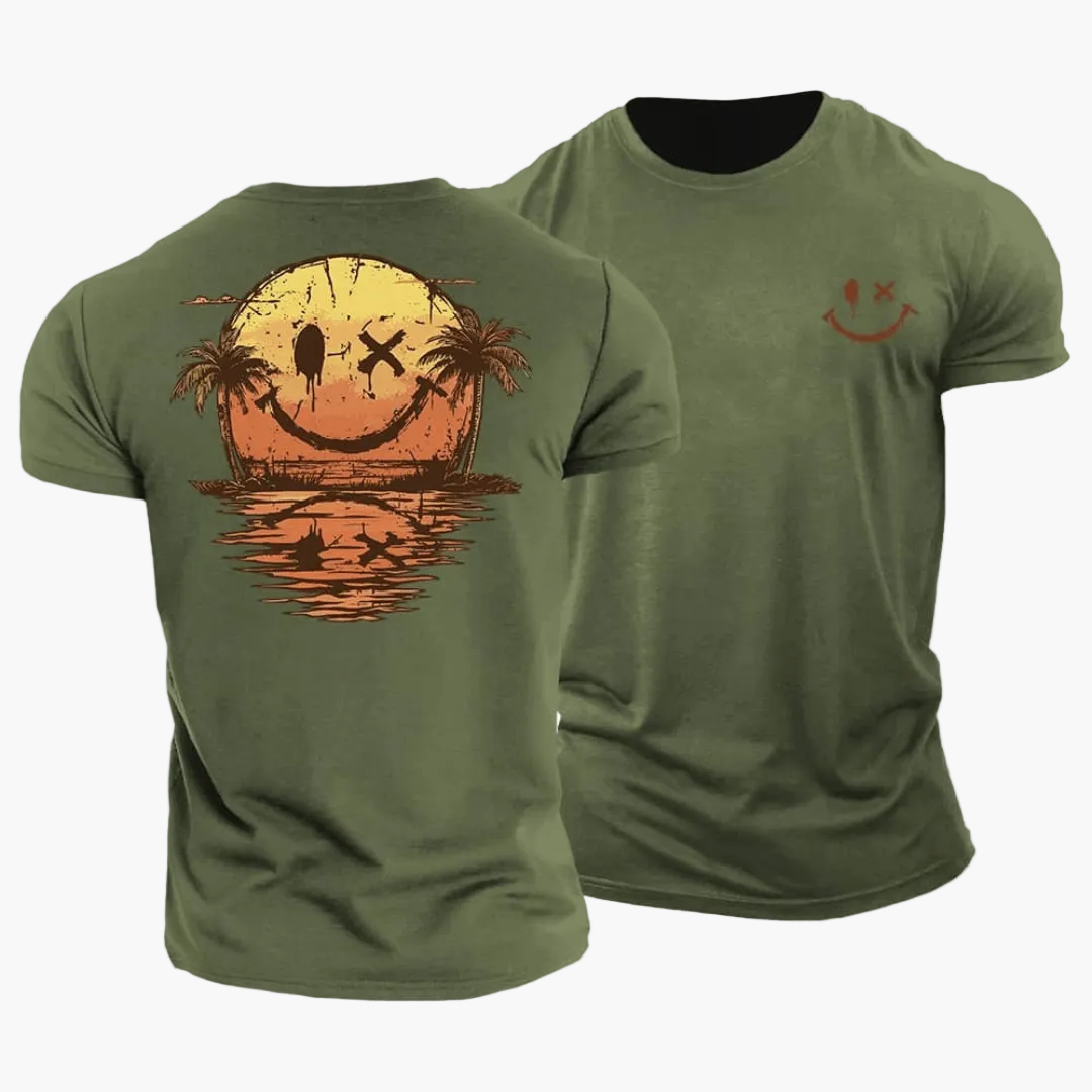 Męski T-shirt z motywem uśmiechniętej buźki i palmami-T-Shirts & Polos for men-Olave