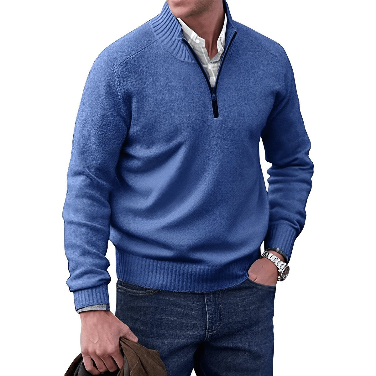 Męski sweter z dzianiny zapinany na zamek pod szyją z prążkowanym wykończeniem-Sweaters for men-Olave