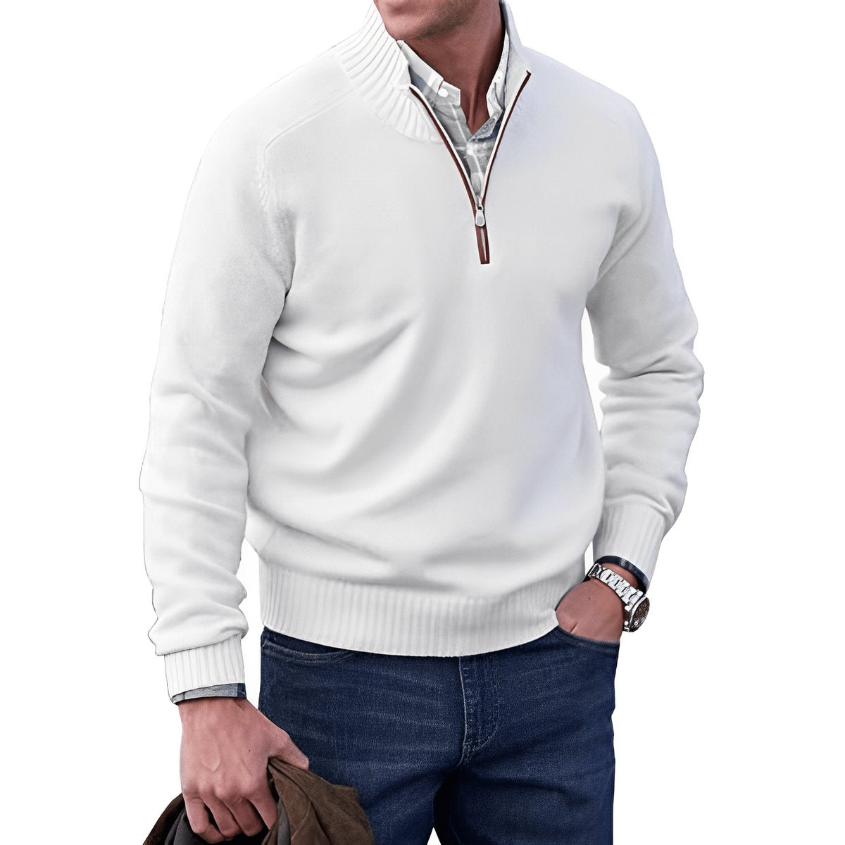 Męski sweter z dzianiny zapinany na zamek pod szyją z prążkowanym wykończeniem-Sweaters for men-Olave