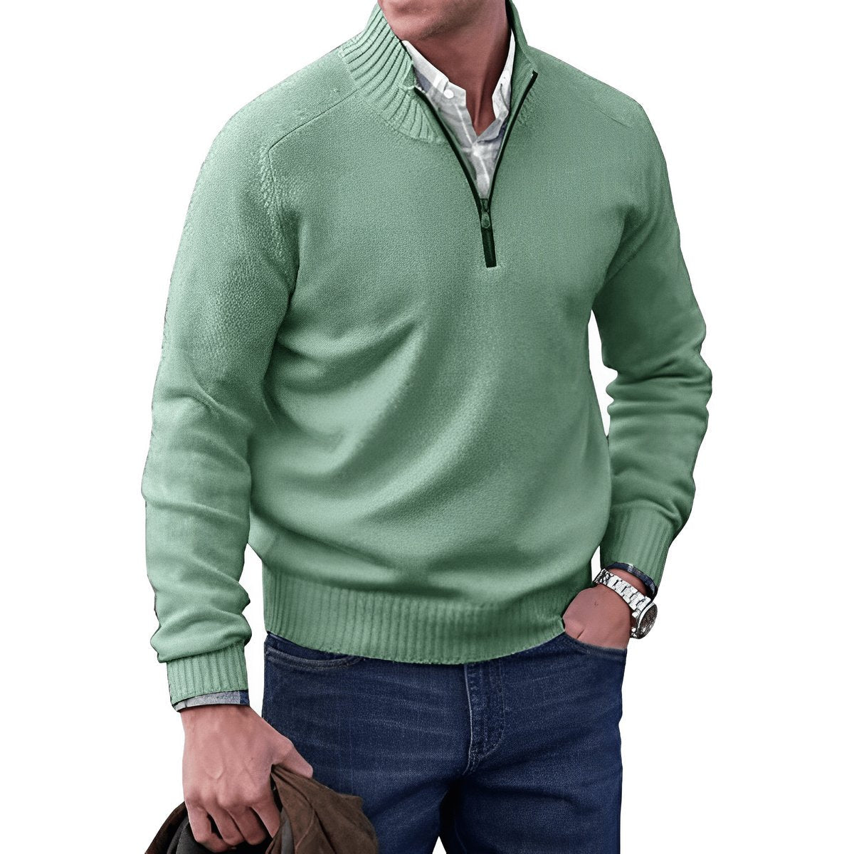 Męski sweter z dzianiny zapinany na zamek pod szyją z prążkowanym wykończeniem-Sweaters for men-Olave