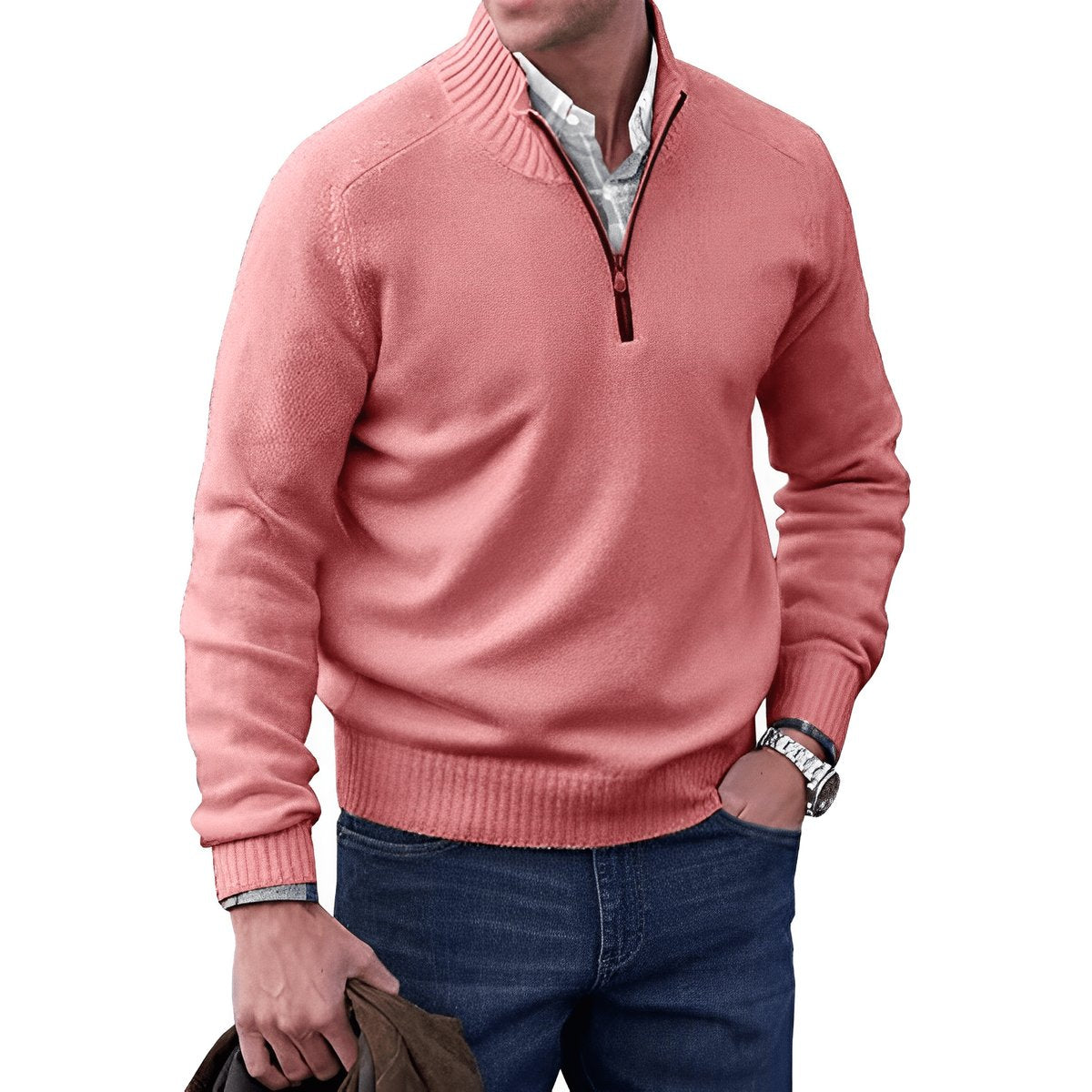 Męski sweter z dzianiny zapinany na zamek pod szyją z prążkowanym wykończeniem-Sweaters for men-Olave