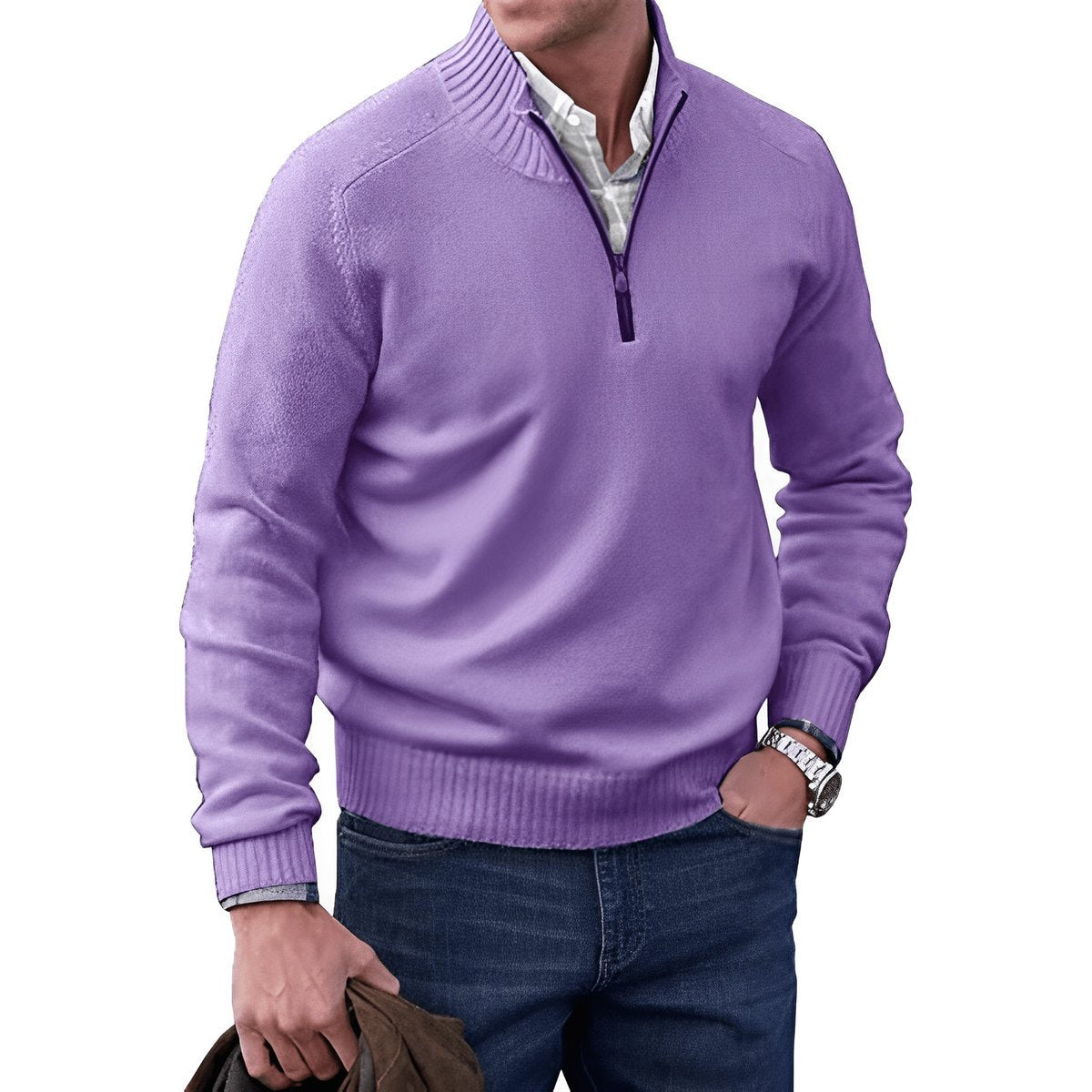 Męski sweter z dzianiny zapinany na zamek pod szyją z prążkowanym wykończeniem-Sweaters for men-Olave