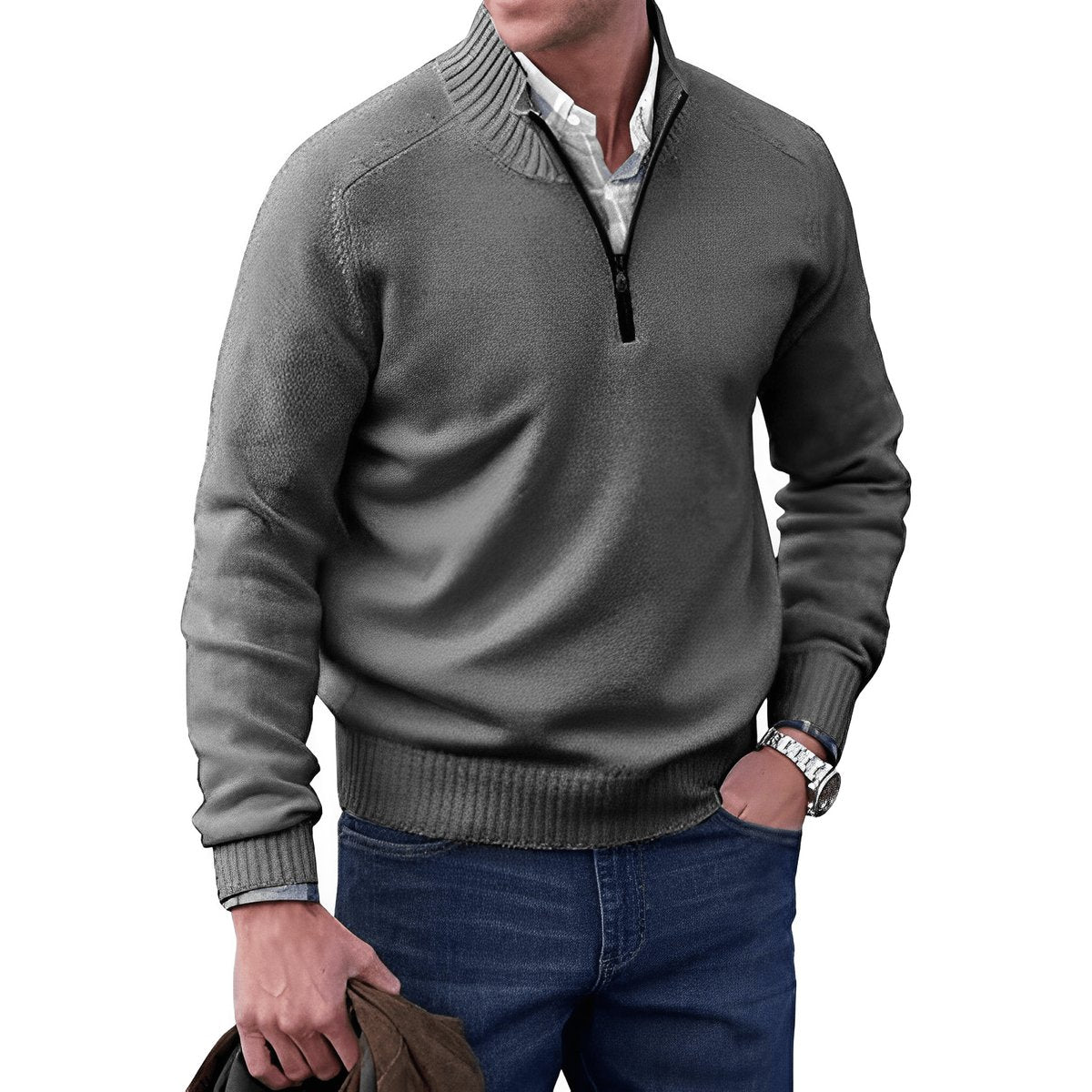 Męski sweter z dzianiny zapinany na zamek pod szyją z prążkowanym wykończeniem-Sweaters for men-Olave