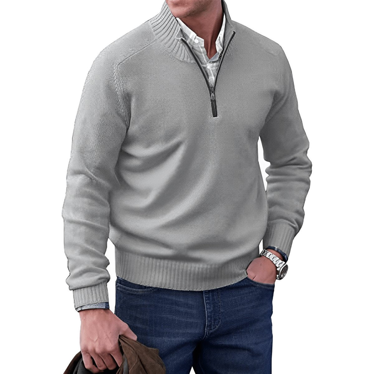 Męski sweter z dzianiny zapinany na zamek pod szyją z prążkowanym wykończeniem-Sweaters for men-Olave