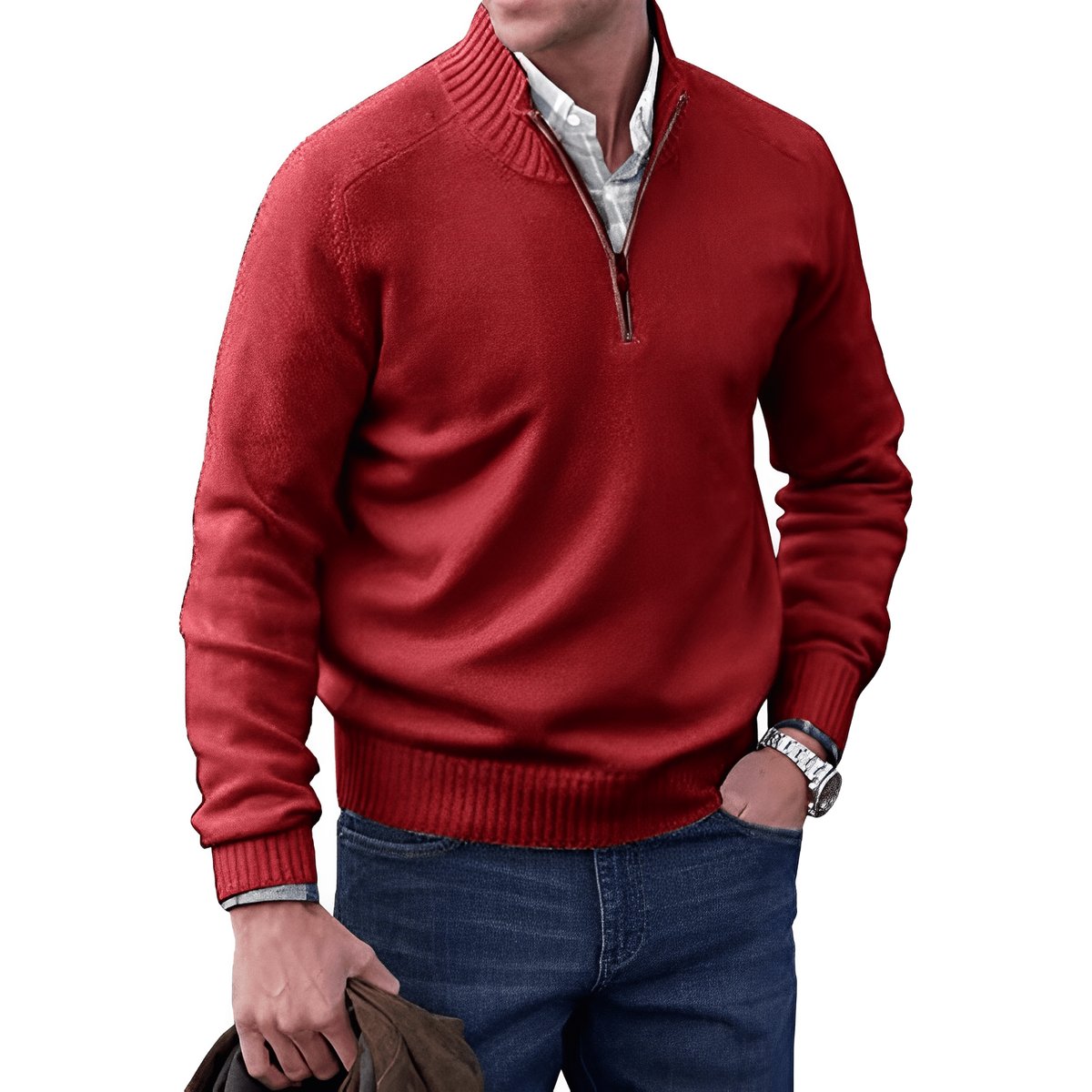 Męski sweter z dzianiny zapinany na zamek pod szyją z prążkowanym wykończeniem-Sweaters for men-Olave