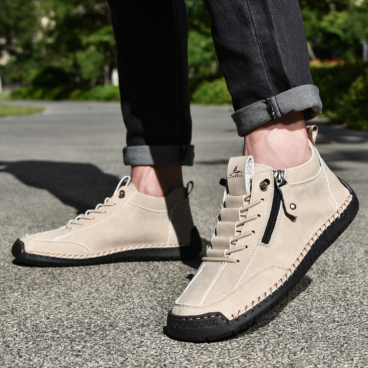 Męskie botki za kostkę z bocznym zamkiem i sznurowaniem-Footwear for men-Olave